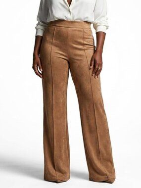 LA BANGA Camel Faux Suede High Waisted Flare Pants 70s Boho Front Seam XL